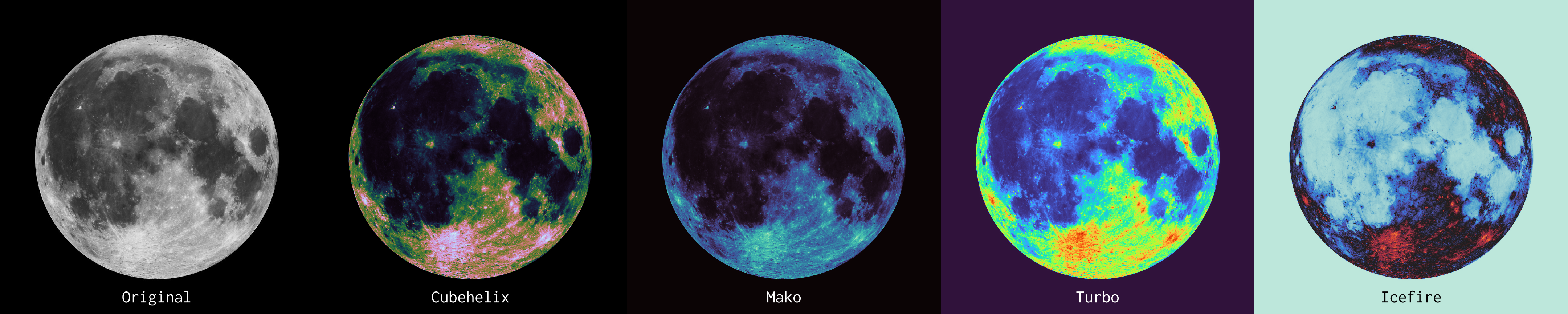 Heatmap of the moon using perceptually uniform colormaps from Unicolour.Datasets, created with Unicolour