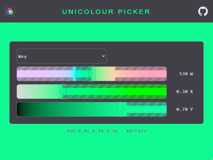 Unicolour picker with a WXY value of 530, 0.3, 0.7,
which is in the sRGB gamut